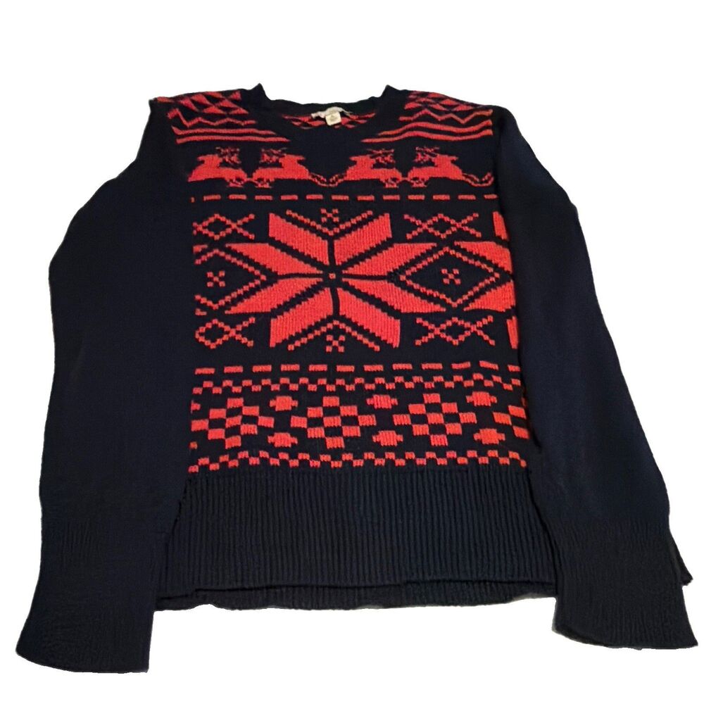 Gap Women Navy Blue/Red Fair Isle Reindeer Knit Crew Neck Pullover Sweater PS
